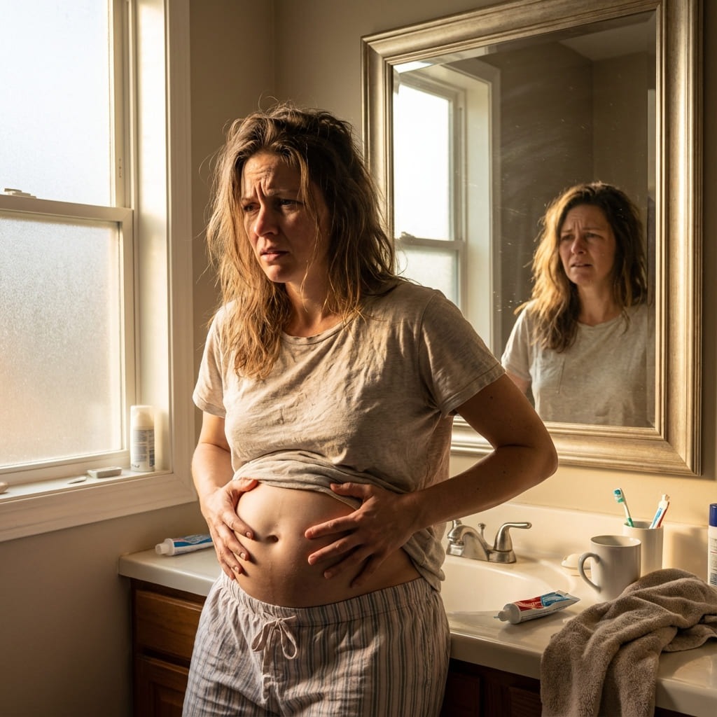 Mulher frustrada com inchaço olhando no espelho